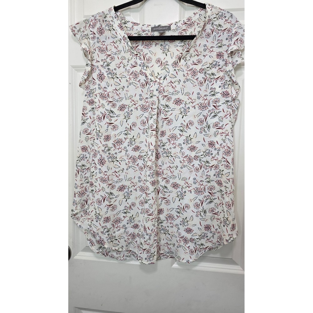 Peace & Pearls Floral V-Neck Ruffle Sleeve Blouse Womens XL White Boho‎ Top